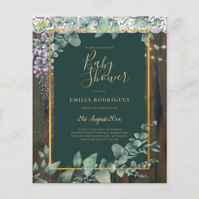 BUDGET Eucalyptus Wisteria BABY SHOWER Rustikale S Flyer (Vorne)
