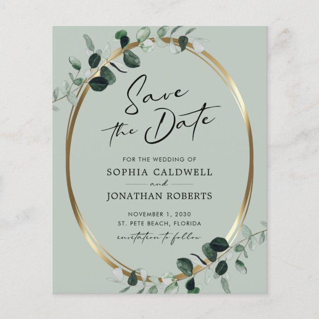 Budget Eukalyptus Calligraphy Sage Save the Date (Vorderseite)