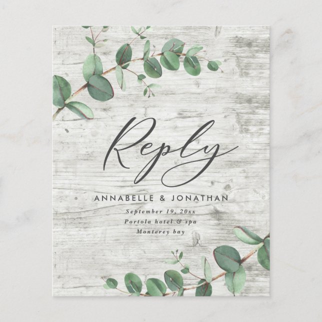 Budget Eukalyptus foliage White wood Hochzeit RSVP (Vorderseite)