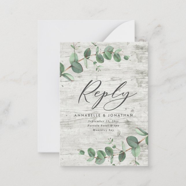 Budget Eukalyptus foliage White wood Hochzeit RSVP Mitteilungskarte (Vorderseite)