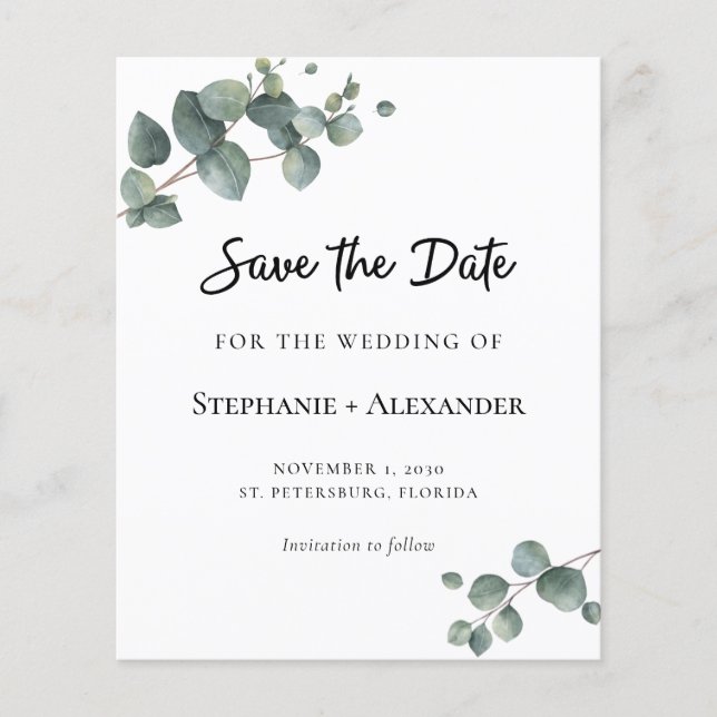 Budget Eukalyptus Greenerity Wedding Save the Date (Vorderseite)