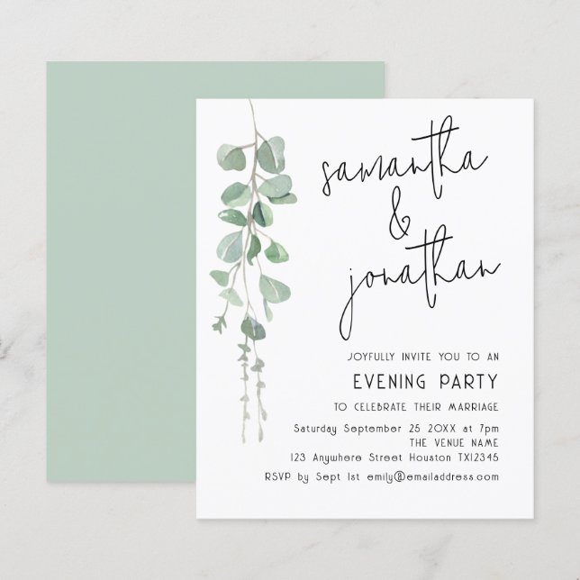 Budget Eukalyptus Informal Wedding Abend Einladung (Vorne/Hinten)