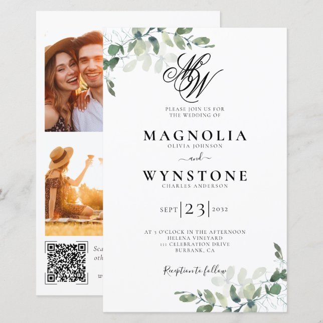 Budget Eukalyptus Monogram QR Einladung zur Hochze (Vorne/Hinten)