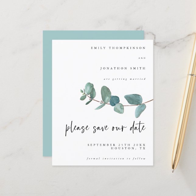 Budget Eukalyptus Script Wedding Save the Date (Vorderseite/Rückseite Beispiel)