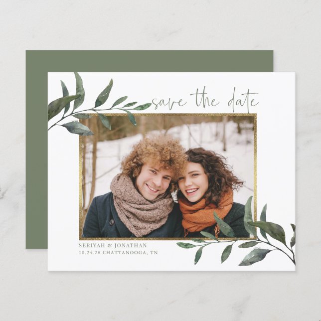 Budget Eukalyptus Wedding Save the Date Foto (Vorne/Hinten)