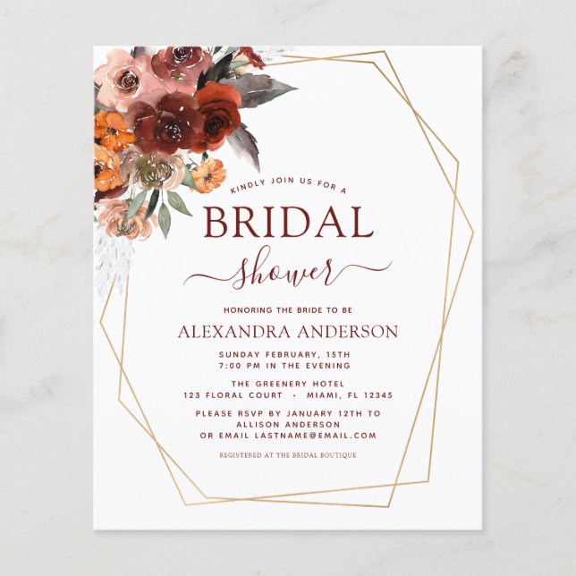 Budget Fall Brautparty Burgundy Floral Flyer (Vorne)