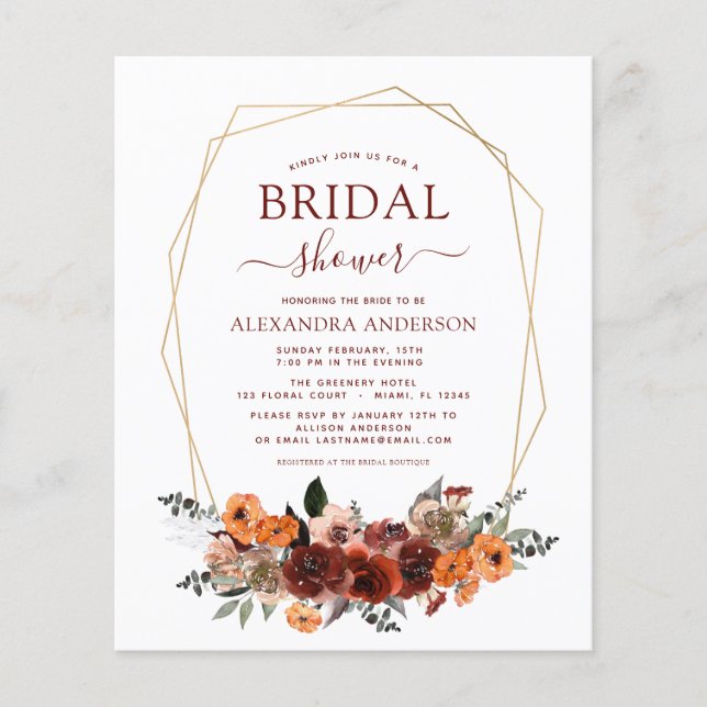 Budget Fall Brautparty Burgundy Floral Flyer (Vorne)