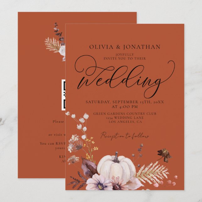 Budget Fall Floral Terracotta QR Code UAWG Wedding Einladung (Vorne/Hinten)
