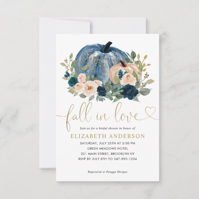 Budget Fall Liebe Blue Floral Pumpkin Brautparty Mitteilungskarte (Vorderseite)