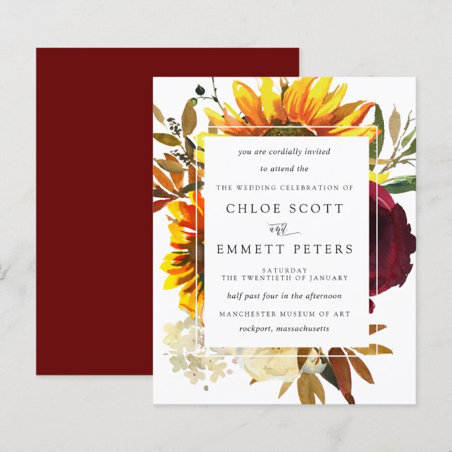 Budget Fall Sonnenblumen Burgund Hochzeit Einladun (Vorne/Hinten)