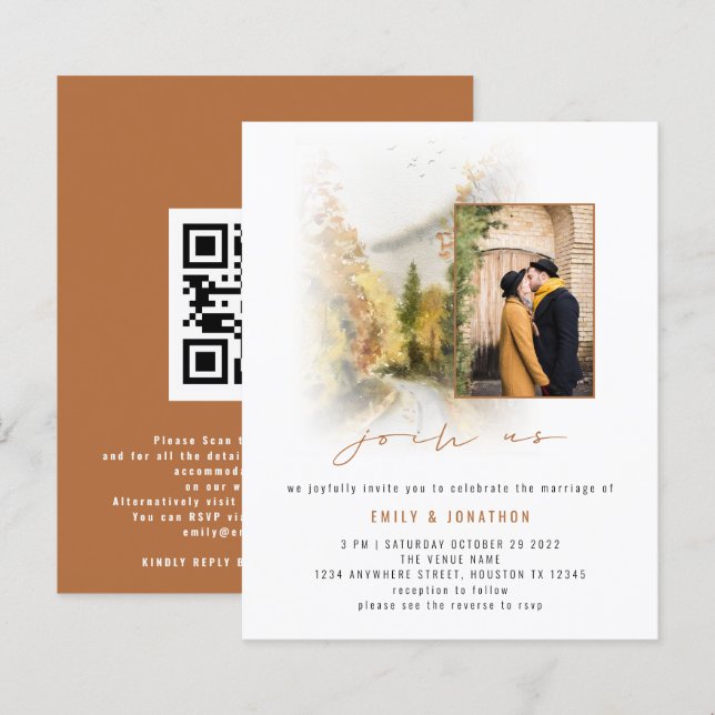 Budget Fall Trees Foto QR Wedding Terracotta (Vorne/Hinten)