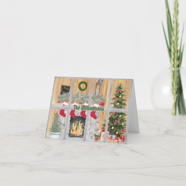 Budget Familie Feuerstätte Bäume Geschenke Frohe W Karte (Vorderseite)