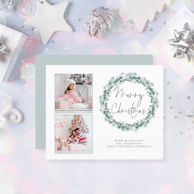 Budget Famille 2 Photo Joyeux Noël Turquoise Carte (Créateur téléchargé)