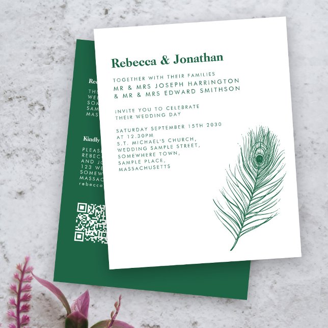 Budget Feather Emerald Green Wedding Einladung (Von Creator hochgeladen)