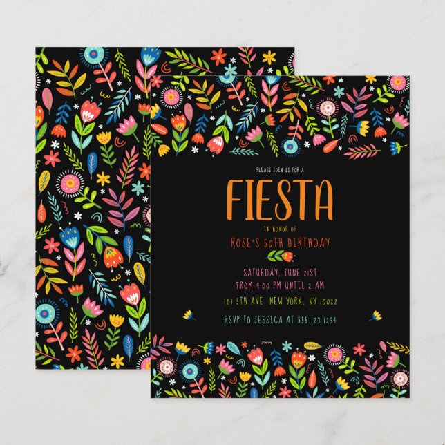 Budget Fiesta Floral Geburtstag Einladungen (Vorne/Hinten)