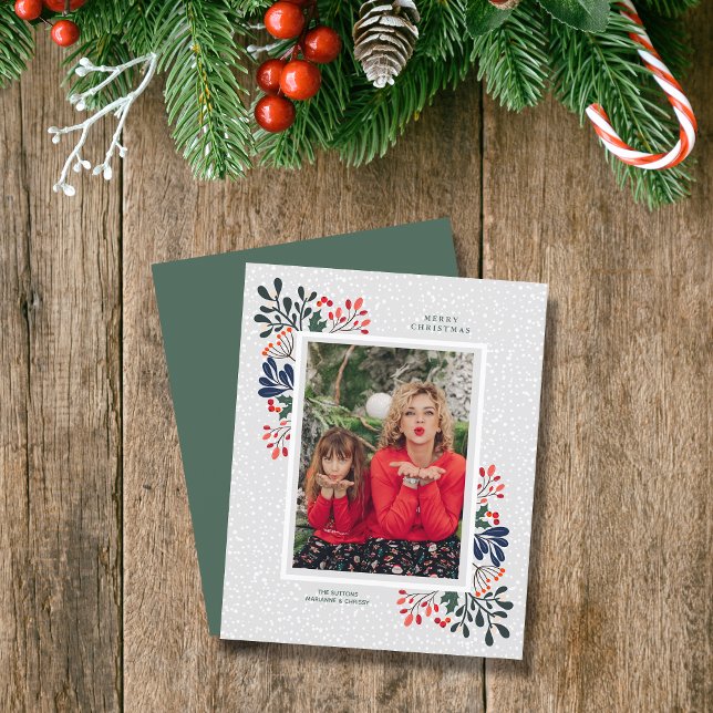 Budget Fleurs d'hiver Carte photo de Noël de neige (Winter flowers and snowflakes Christmas holiday photo cards)