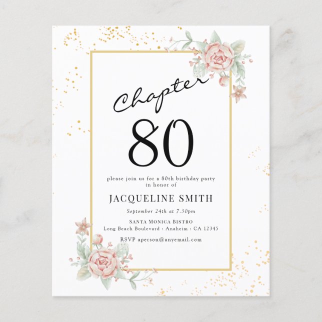 Budget Floral 80. Geburtstag Einladung Flyer (Vorne)