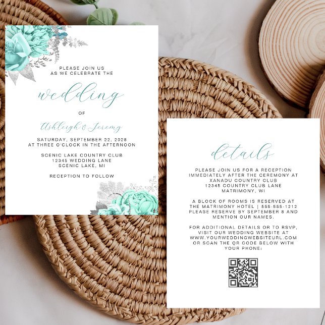Budget Floral Aqua Silver QR Code Wedding Invite (Von Creator hochgeladen)