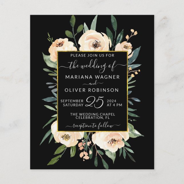 Budget Floral Beige Gold Black Wedding Einladung (Vorderseite)