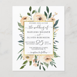 Budget Floral Beige Gold Black Wedding Einladung Flyer