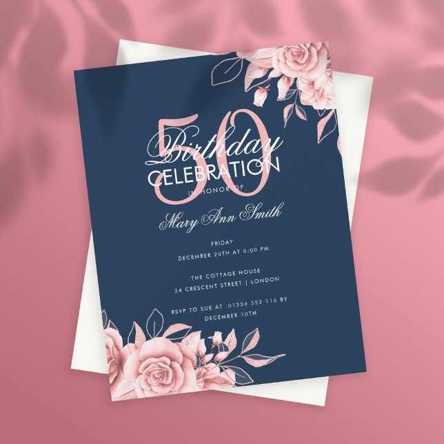 Budget Floral Birthday Party Rose Gold Navy Einladung (Von Creator hochgeladen)