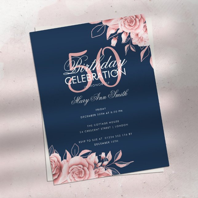 Budget Floral Birthday Party Rose Gold & Navy Postkarte (Von Creator hochgeladen)