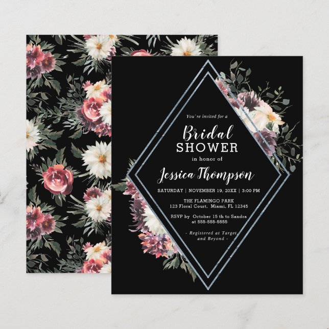 Budget Floral Black Bridal Dusche Einladung (Vorne/Hinten)