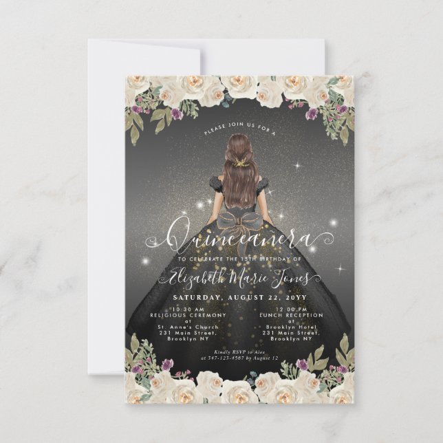 Budget Floral Black Gold Princess Quinceanera Mitteilungskarte (Vorderseite)
