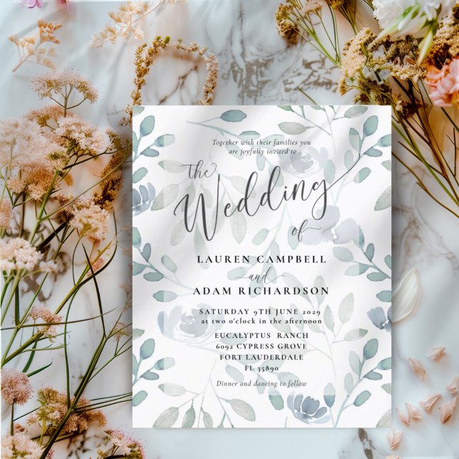 Budget Floral Blue Eucalyptus Wedding Einladung (Von Creator hochgeladen)