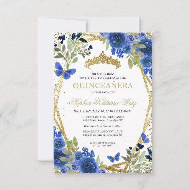 Budget Floral Blue Gold Tiara Quinceañera Einladun Mitteilungskarte (Vorderseite)