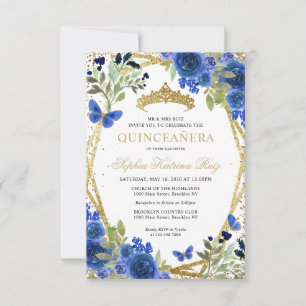 Budget Floral Blue Gold Tiara Quinceañera Einladun Mitteilungskarte