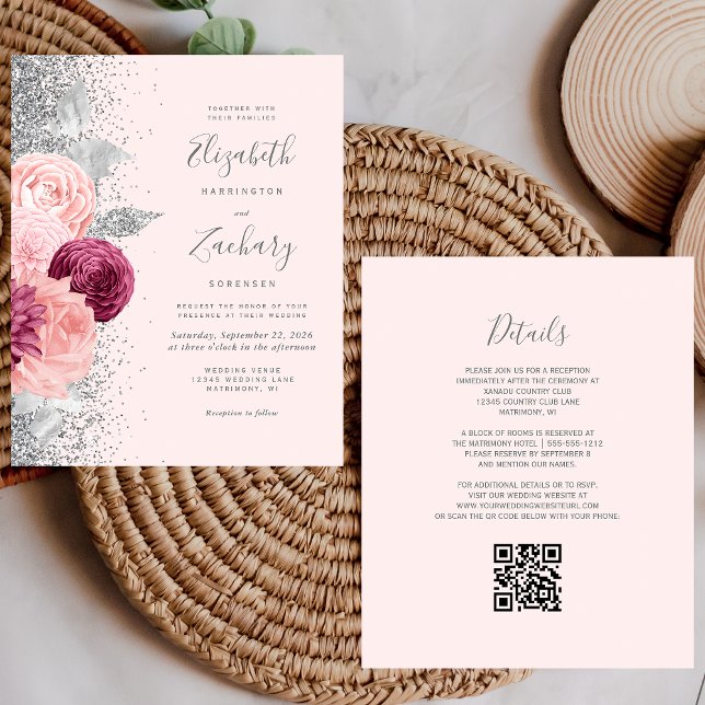 Budget Floral Blush Silver Glitzer QR Code Hochzei (Von Creator hochgeladen)