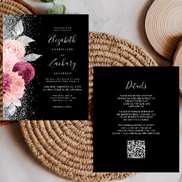 Budget Floral Blush Silver QR Code Hochzeit