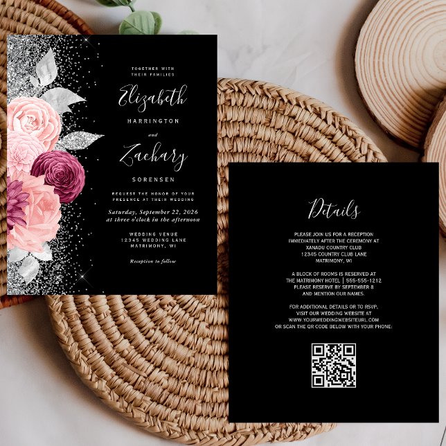 Budget Floral Blush Silver QR Code Hochzeit (Von Creator hochgeladen)