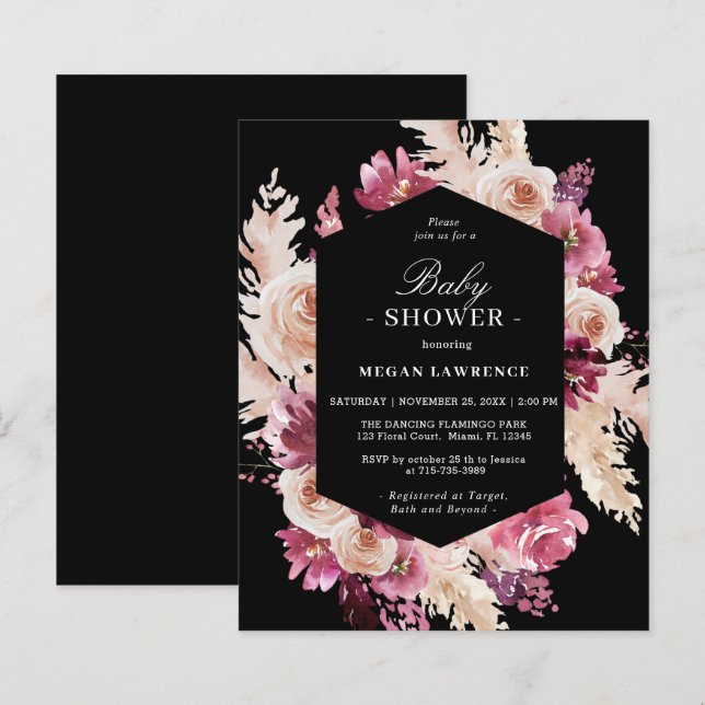 Budget Floral Boho Babydusche Schwarze Einladung (Vorne/Hinten)
