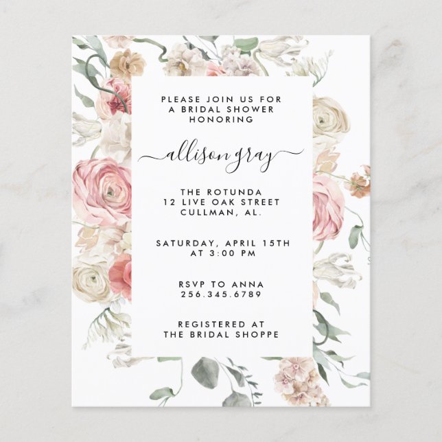 Budget Floral Bridal Einladung | Annabeth Flyer (Vorne)