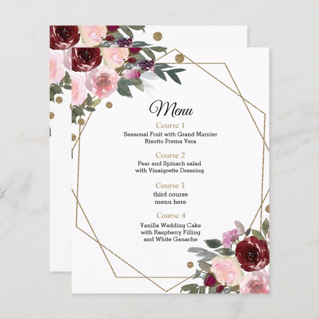 Budget Floral Burgundy Gold Geometric Wedding Menu (Vorne/Hinten)