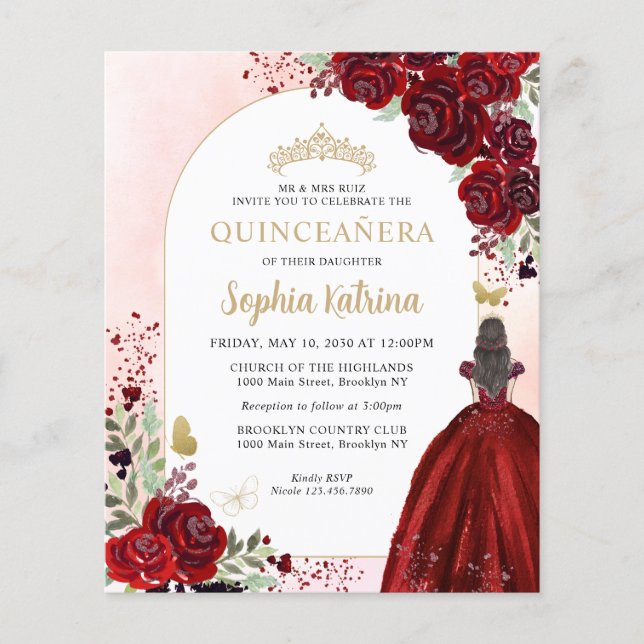 Budget Floral Burgundy Gold Princess Quinceanera (Vorderseite)