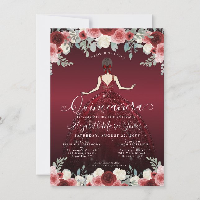 Budget Floral Burgundy Gown Birthday Quinceanera Mitteilungskarte (Vorderseite)