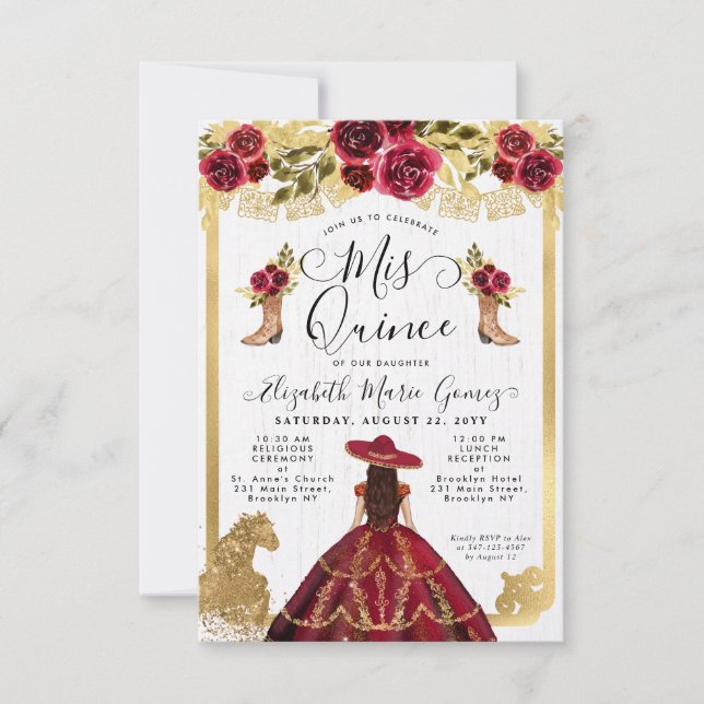 Budget Floral Burgundy Latina Charra Quinceanera Mitteilungskarte (Vorderseite)