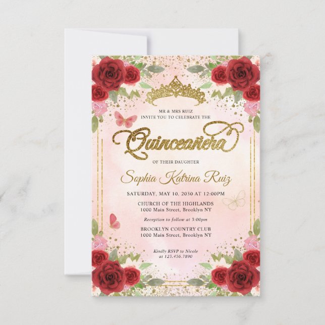 Budget Floral Burgundy Pink Gold Crown Quinceañera Mitteilungskarte (Vorderseite)