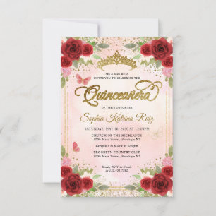 Budget Floral Burgundy Pink Gold Crown Quinceañera Mitteilungskarte