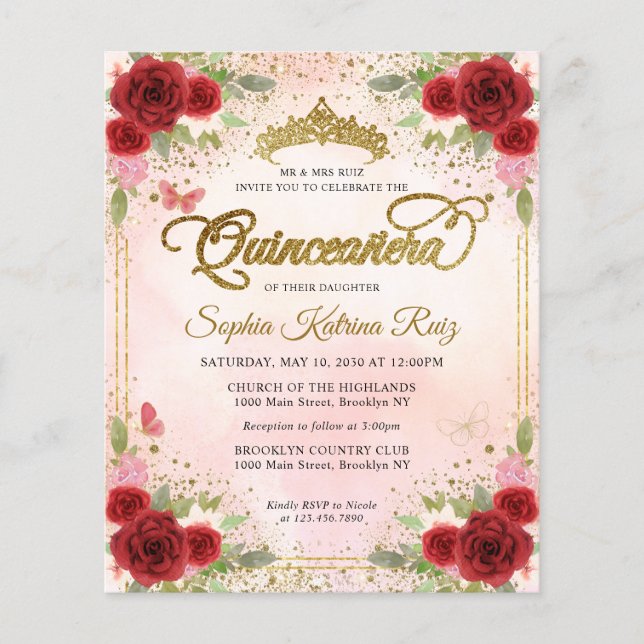 Budget Floral Burgundy Pink Gold Tiara Quinceañera (Vorderseite)