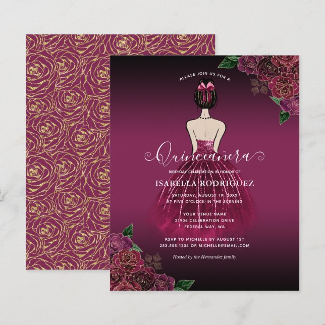 Budget Floral Burgundy Princess Gold Quinceañera (Vorne/Hinten)