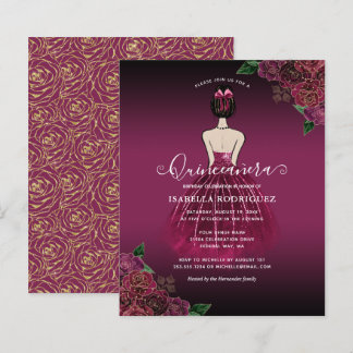 Budget Floral Burgundy Princess Gold Quinceañera