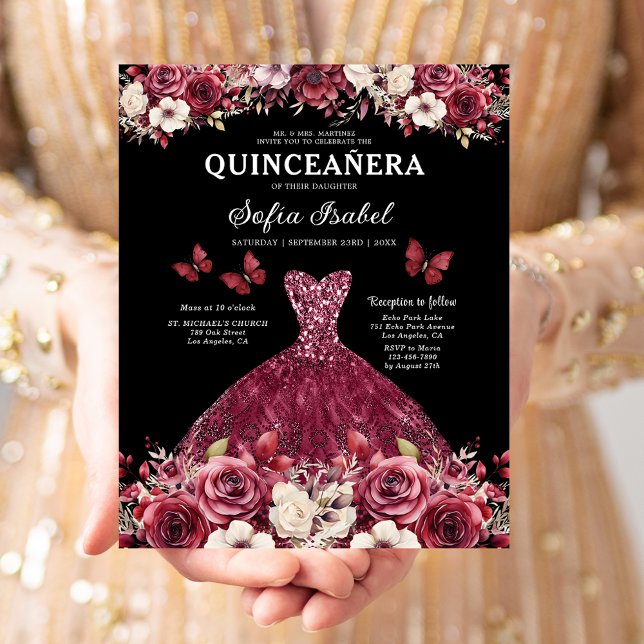 Budget Floral Burgundy Princess Quinceanera Flyer (Von Creator hochgeladen)