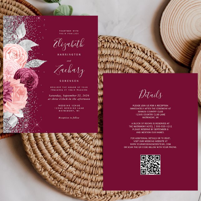 Budget Floral Burgundy Silver QR Code Hochzeit (Von Creator hochgeladen)