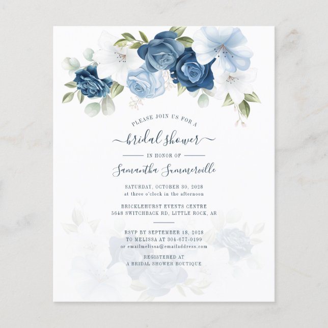 Budget Floral Dusty Blue Bridal Dusche Einladung (Vorderseite)