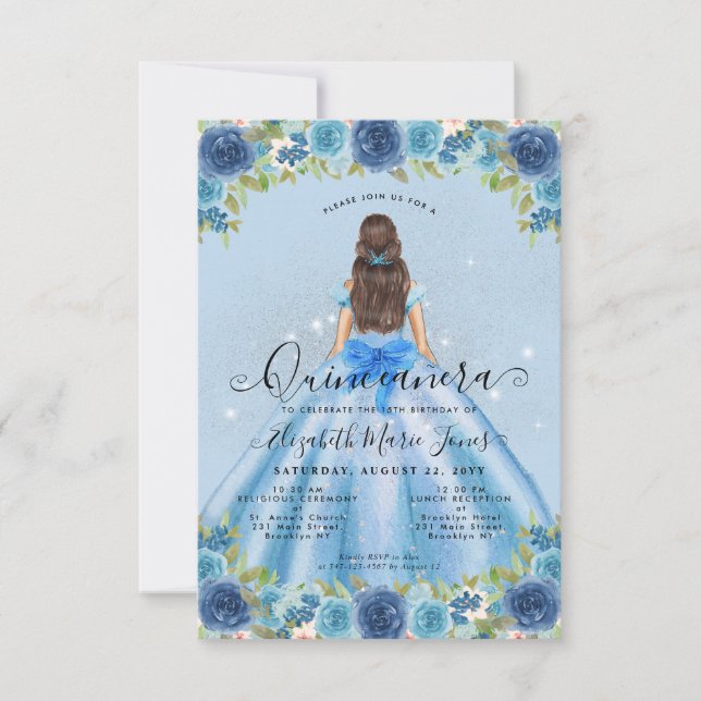 Budget Floral Dusty Blue Glam Princess Quinceanera Mitteilungskarte (Vorderseite)