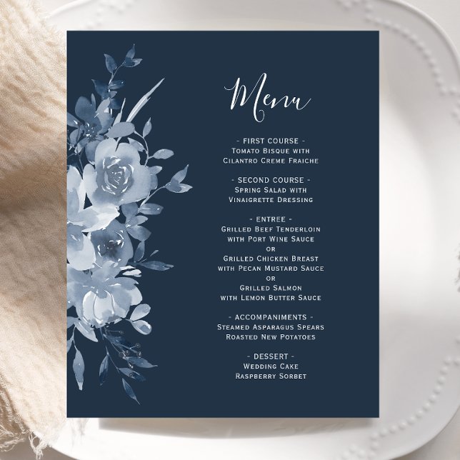 Budget Floral Dusty Blue Navy Wedding Menu (Créateur téléchargé)